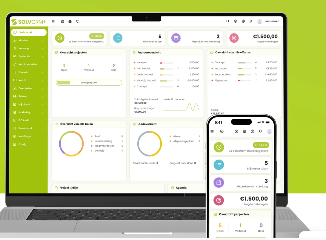 SolvCRM+ Enterprise dashboard met ISMS functionaliteit
